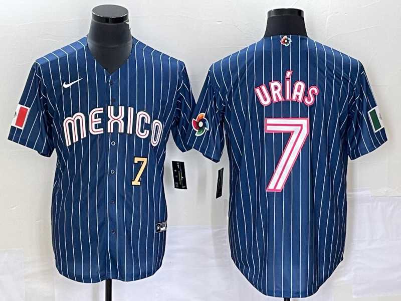 Men's Mexico Baseball #7 Julio Urias Number Navy Blue Pinstripe 2020 World Series Cool Base Nike Jersey 1